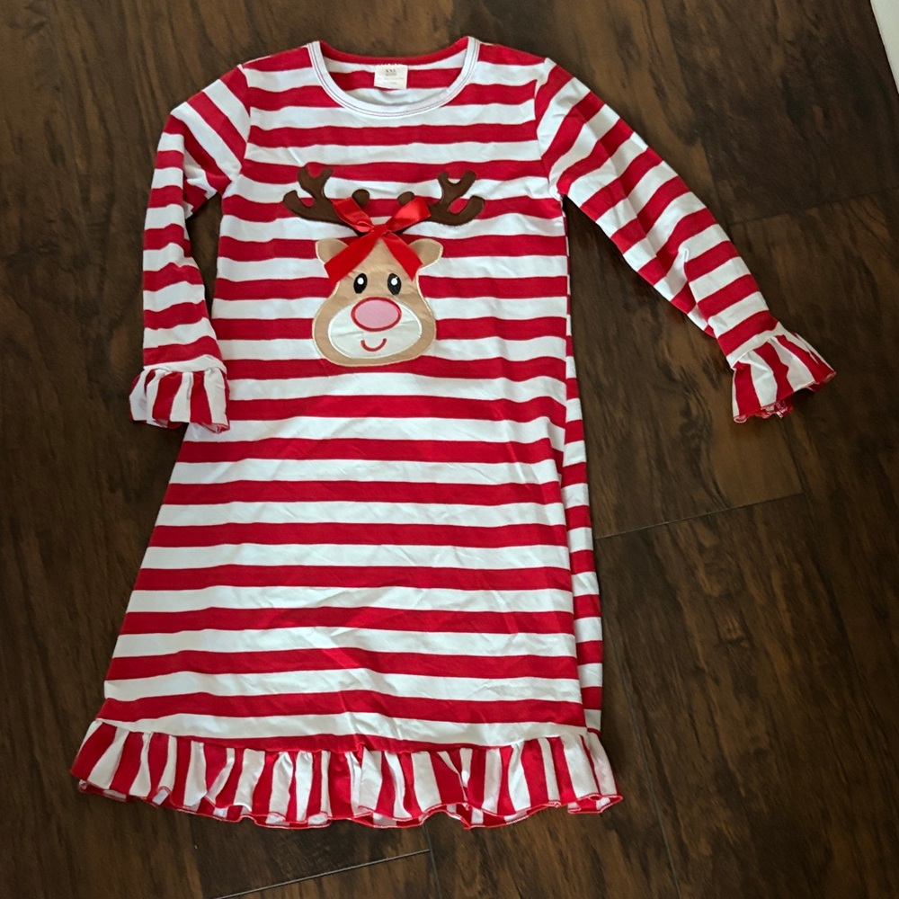 Kids Red & White Striped Reindeer Nightgown